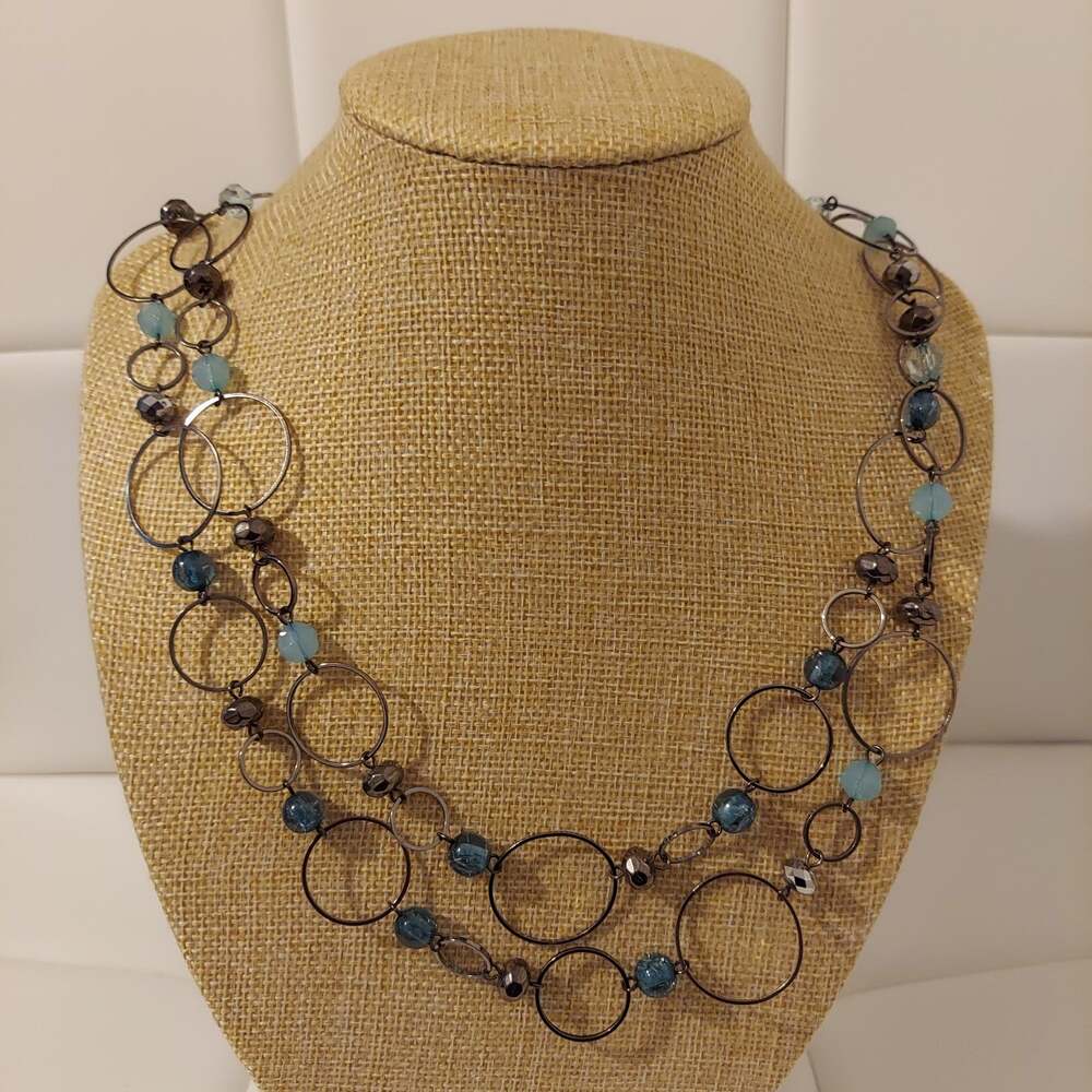 NY Blue and Dark Silver Tone Hoops and Beads Layered 34" Necklace